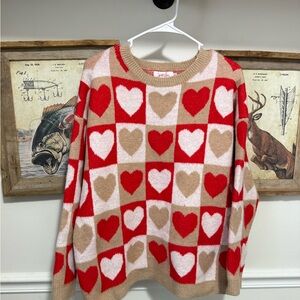 Valentine Heart Checkered Sweater - Red and Tan